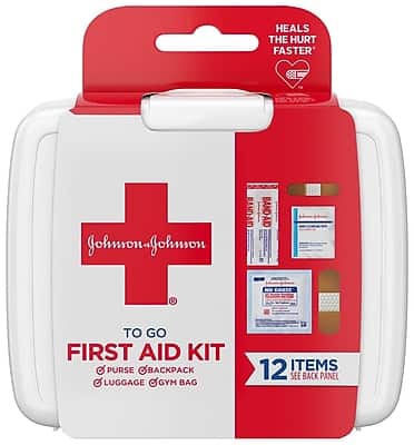 HEALS THE HURT FASTER*

Johnson & Johnson

TO GO FIRST AID KIT

PURSE BACKPACK LUGGAGE GYM BAG

12 ITEMS SEE BACK PANEL