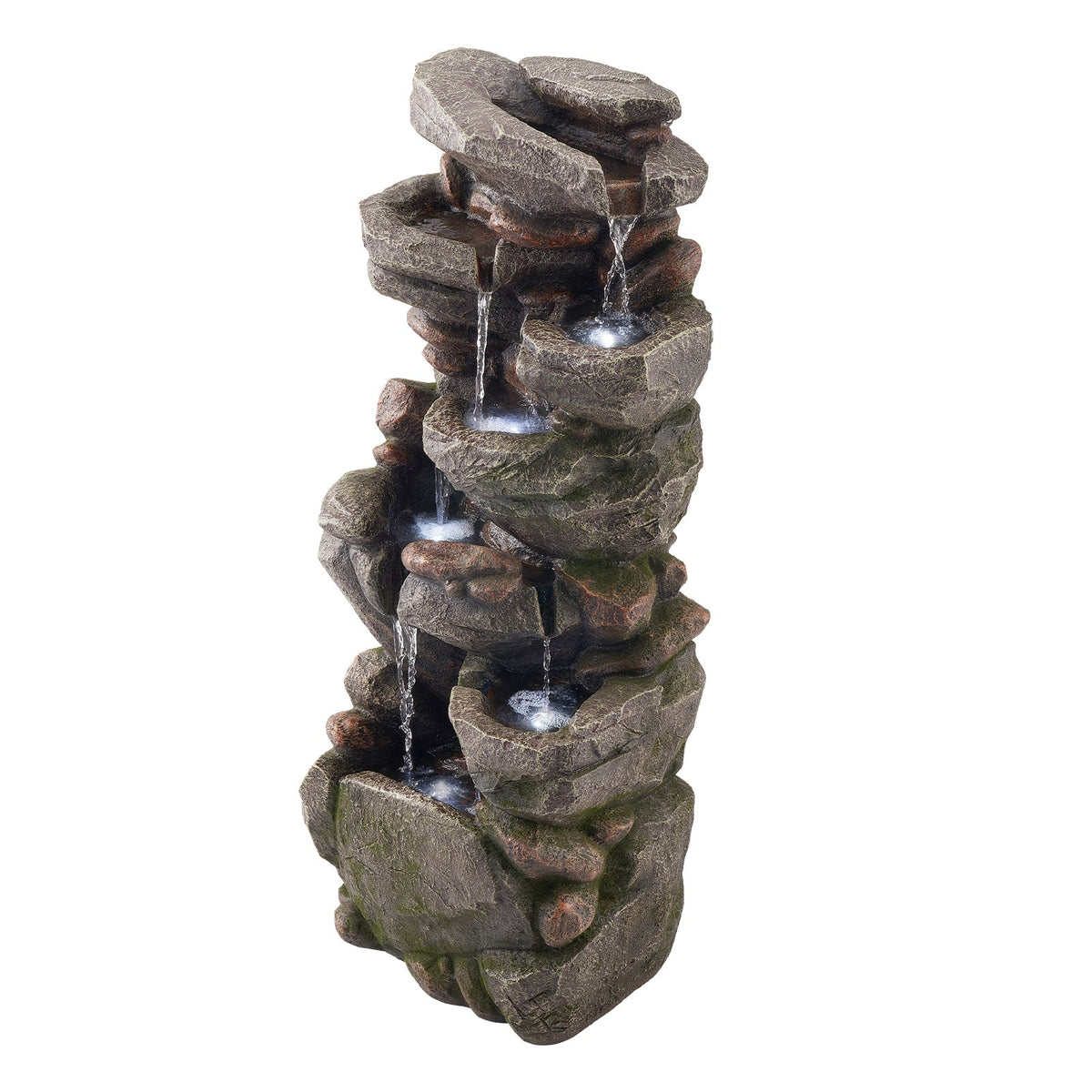 VEVOR - Outdoor Water Fountain, 38.98 in Tall, 7-Tier Rock-Inspired Cascading Design with LED Light and Pump, Ideal for Gardens - Stone Gray