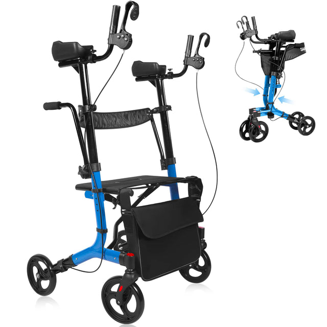Front. Hover Heart - Heavy Duty Upright Walker 450LBS All Terrain Foldable Mobility Aid with Seat Adjustable Height 9" Air Tires - Blue.