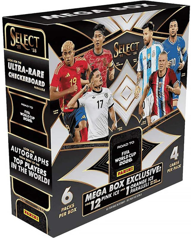 SELECT '25 '26  
LOOK FOR THE ULTRA-RARE CHECKERBOARD PARALLELS  
ROAD TO FIFA WORLD CUP 2026  
LOOK FOR AUTOGRAPHS FROM TOP PLAYERS IN THE WORLD!  
6 PACKS PER BOX  
12 CARDS PER PACK  
MEGA BOX EXCLUSIVE: ORANGE ICE AND PINK ICE PARALLEL!  
FIND 1 OF 7 PARALLEL!  
ROAD TO FIFA WORLD CUP 2026  
FANIMI