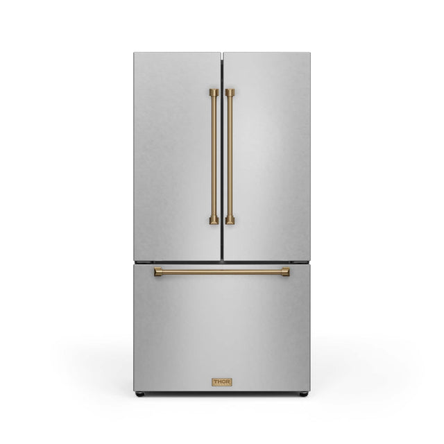Front. Thor Kitchen - 36 in. Wide Gordon Ramsay Series by Thor Kitchen 20.3 Cu. Ft. Counter Depth Refrigerator with Bronze Hardware - Stainless steel.