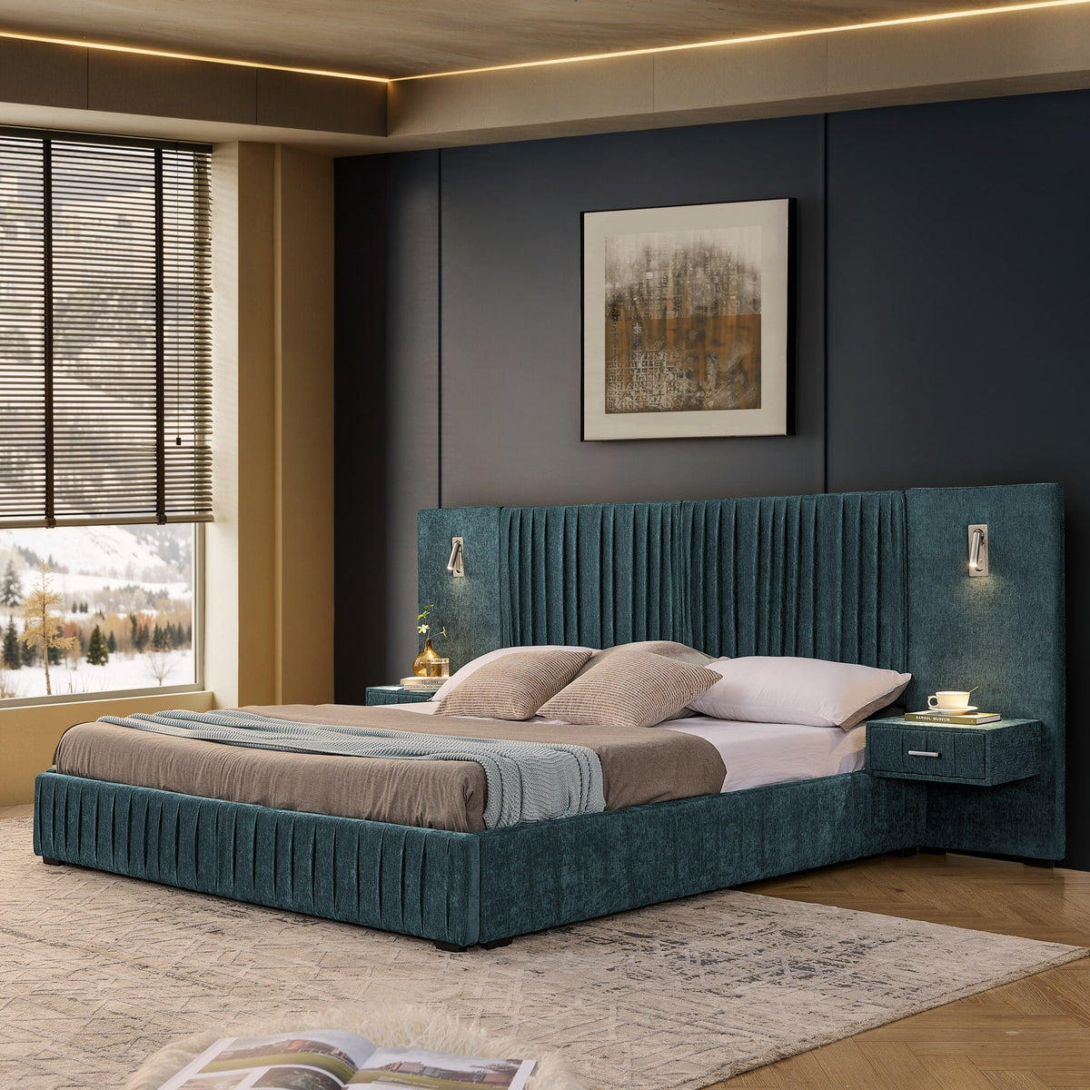 Anysun - King Chenille Upholstered Platform Bed with Pleated Design & Headboard - Solid Frame, Side Table, No Box Spring Needed - Blue