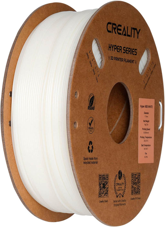 Creality Hyper Series 500mg 3D Printer Filament - 1.75mm - White - ROHS Hyper ABS - 100g - Includes 100m spool - Printing Speed: 30-300mm - Printing Temperature: 5-100C - Bed Temperature: 5-100C - Spool made from recycled material - Fan S - Creality Netthr Filament - Creality Cloud - Better with Creality Original Filaments.