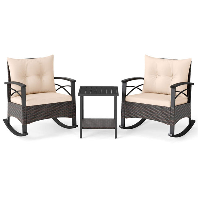 Front. Boyel Living - Beige 3 Piece Rocking Bistro Set PE Rattan Rocker Chairs with Acacia Wood Top Table 31-in L x 29-in W x 25.5-in H - Beige.