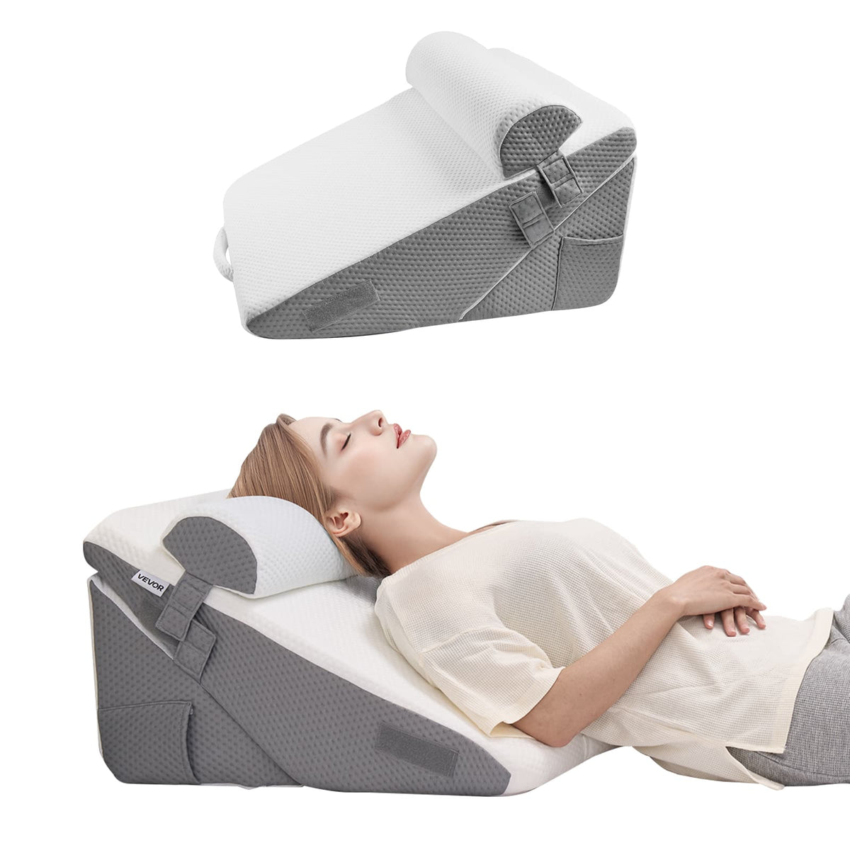 VEVOR - Bed Wedge Pillow for Sleeping, 3 Pcs Adjustable Orthopedic Bed Wedge Set, with Jacquard Washable Cover & Foam Support - White+Gray