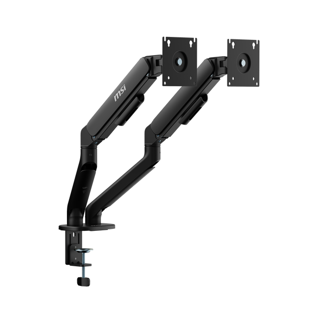 Front. MSI - MAG MT101DG Dual Monitor Arm – Adjustable Desk Mount, VESA Compatible, 17–32in, 22 lbs Capacity, Clamp & Grommet - Matte Black.