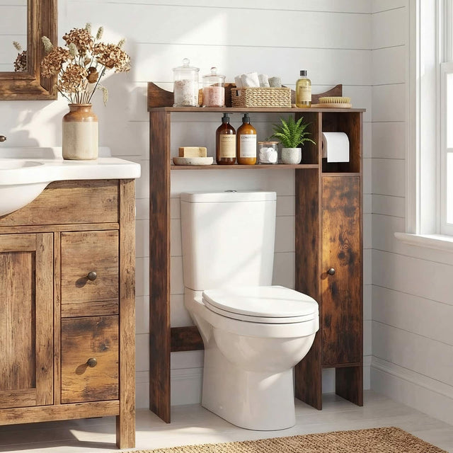 Front. Costway - Costway Over The Toilet Storage Cabinet with Toilet Paper Holder and Removable Shelves - Rustic Brown.