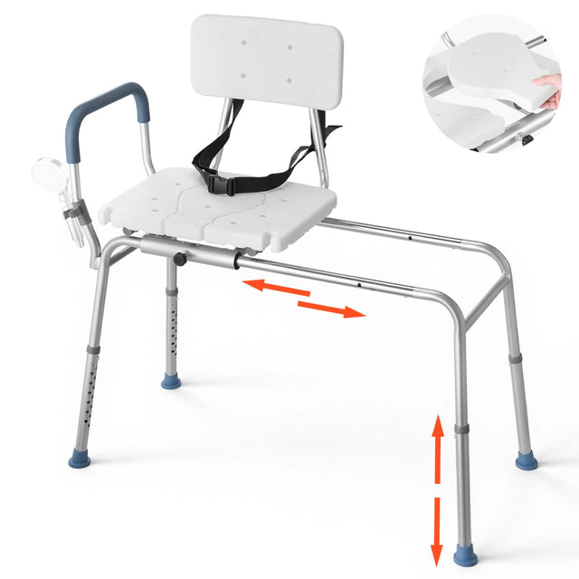 Front. VEVOR - Sliding Shower Chair, 400 lbs Capacity Tub Transfer Bench for Bathtub, Heavy Duty Shower Bench with Arms and Backrest - White.