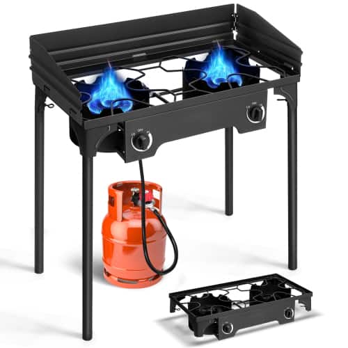 Winado - Portable Camping Stove Propane with 2 Burner, Windpanel 150,000 BTU BBQ Grill for Outdoor Cooking Garden Camping Picnic - Black