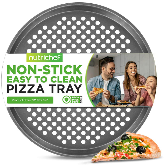 nutrichef NON-STICK EASY TO CLEAN PIZZA TRAY  
Product Size - 12.8" x 0.6"  
PFOA PFOS PTFE FREE