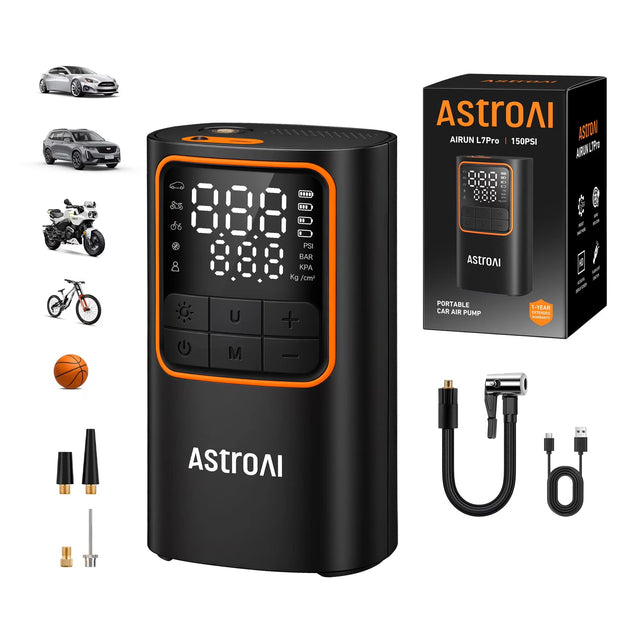 ASTROAI AIRUN L7Pro | ASTRON 150PSI AIRUN WL P 1ED E " A . X . . + PS BAR  Kg /cm² ASTROAI - - -  U M + PORTABLE CAR AIR PUMP S-TEAH SETERSES RAMUTY ASTROAI
