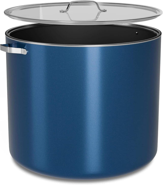 Front. Bakken- Swiss - 16 Qt Aluminum Stock Pot, Nonstick Ceramic Coating, PTFE & PFAS Free, Oven Safe 500°F, SS Handles, Glass Lid - Blue.