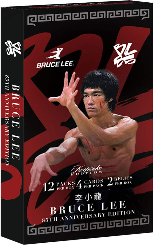 BRUCE LEE. 85TH ANNIVERSARY EDITION  
BRUCE LEE S Keepsake EDITION  
RELICS PACKS 4 CARDS PACK 2 PER BOX 12 BOX PER  
BRUCE LEE EDITION 85TH ANNIVERSARY