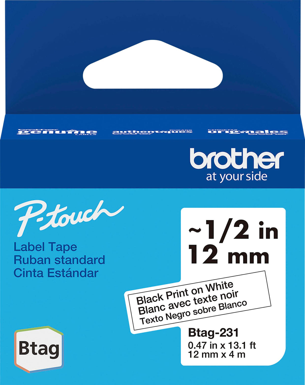 Brother - P-touch Btag Black on White Label Tape (BTAG231), 1/2" x 13.1' (12mm x 4m), Only for use with PT-N10, PT-N20, PT-N25BT