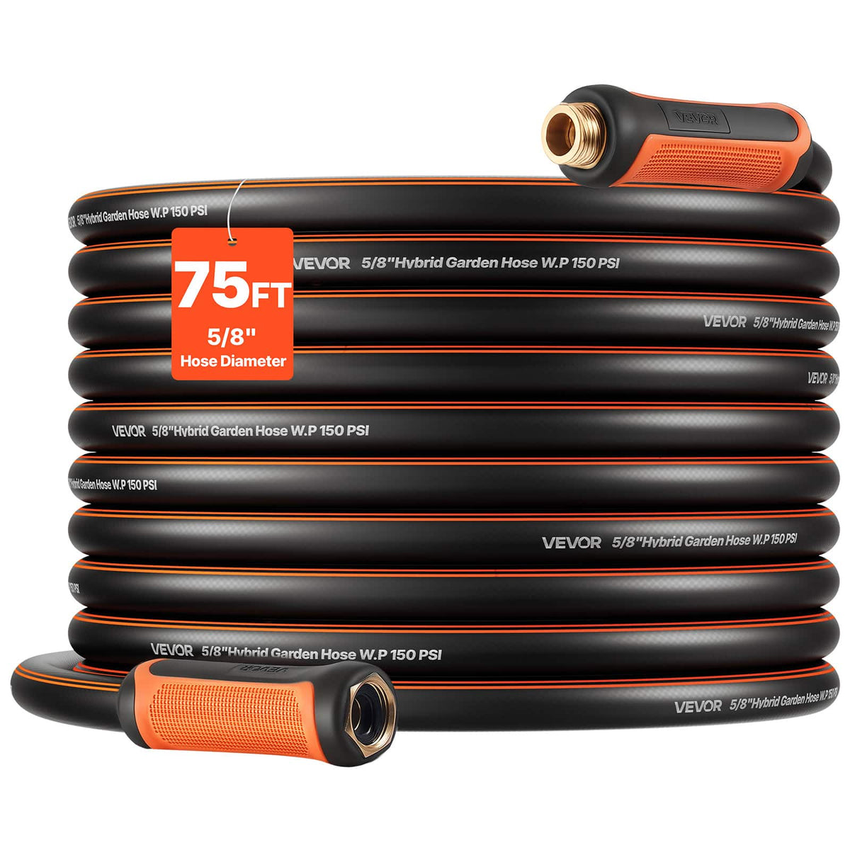 VEVOR - Garden Hose, 75 ft 5/8" Heavy Duty 4-Layer Rubber Water Hose, 150PSI Working & 600PSI Burst, Flexible & Non-kink Outdoor - Orange + Black