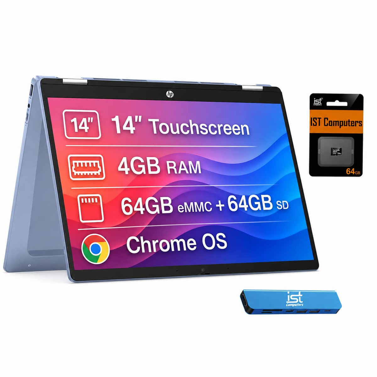 HP - Chromebook X360 14b 14" FHD Touchscreen 2-in-1 Laptop - Intel N100 - 4GB Memory - 64GB+64GB SD Card - Sky Blue