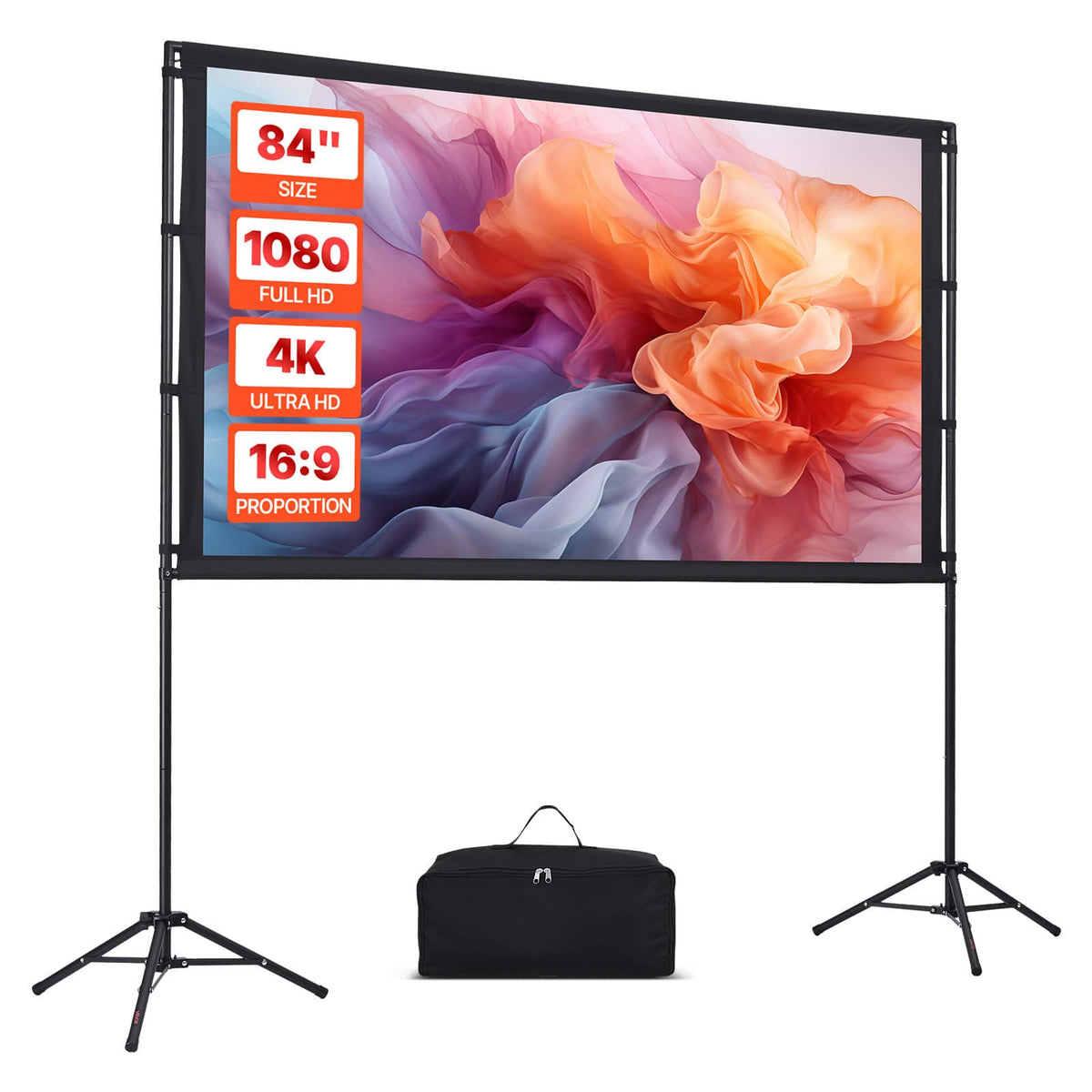 VEVOR - Projector Screen with Stand, 84 Inch 160° Wide Angle Indoor Outdoor Projection Screen, 16:9 4K HD Dual-Tripod Screens - Black