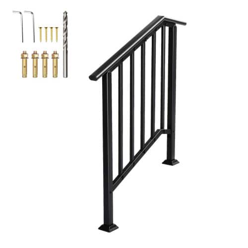 Winado - Handrails 2-Step with Straight End, Wrought Iron Stair Railing for Concrete Indoor Outdoor Steps Fits Garden Porch - Black