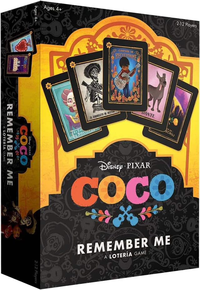 Ages 4+  
2-12 Players  

Disney Pixar Coco  
Remember Me  
A Lotería Game  

Cards:  
28 - La Canción de Recuerdame  
31 - El Esqueleto  
12 - El Esqueleto de Nectur  
Dante  
La Jícama  
Juchils