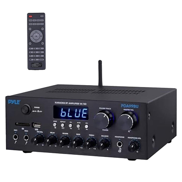 PYLE  
KARAOKE BT AMPLIFIER W/HD  
PDA99BU  
MASTER/VOL  
BLUE  

- MIC VOL  
- SELEY  
- RIVERS  
- P BASS  
- FOLDER BALANCE  
- R HEADPHONE VOL