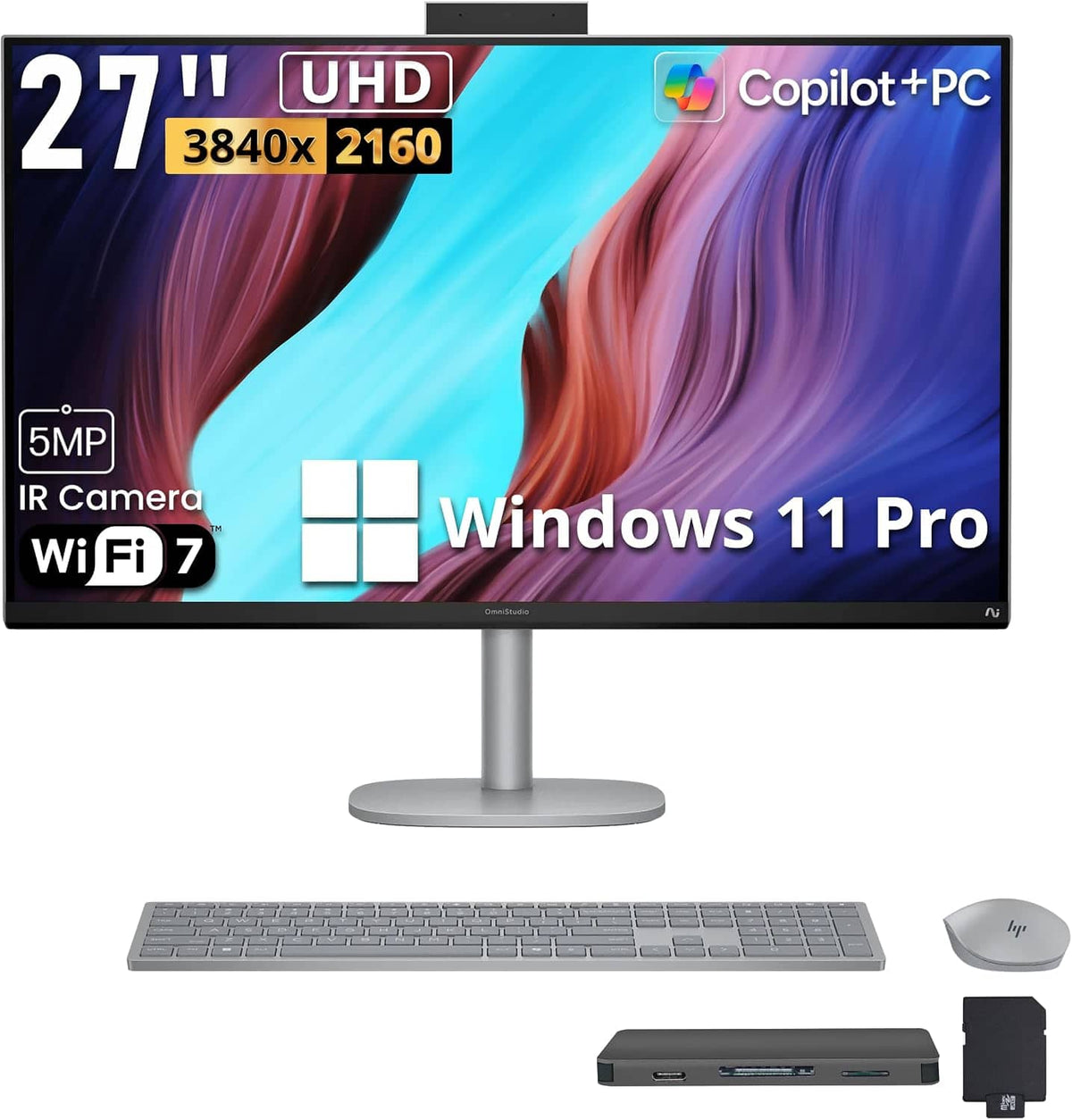 HP - Upgraded - OmniStudio X 27" 4K UHD All-in-One Desktop,Intel Ultra 7 256V,16GB RAM,4TB SSD+1TB Dock Set,Win 11 Pro - Silver
