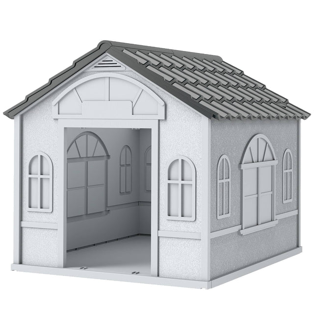 Front. Pawhut - House Water Resistant Puppy Shelter with Door for Indoor Outdoor, Easy to Assemble - Gray.