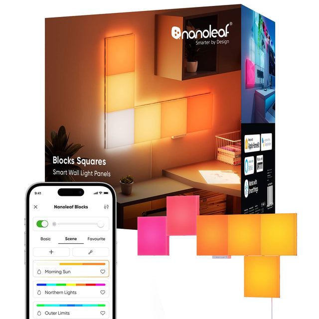 nanoleaf Smarter by Design M 9:41 x Blocks Squares Smart Wall Light Panels atl Nanoleaf Blocks 69 me I eth Agpertre) te d DD 28G FT e a Souring 1 - Basic Scene Favourite + Morning Sun Northern Lights Outer Limits
