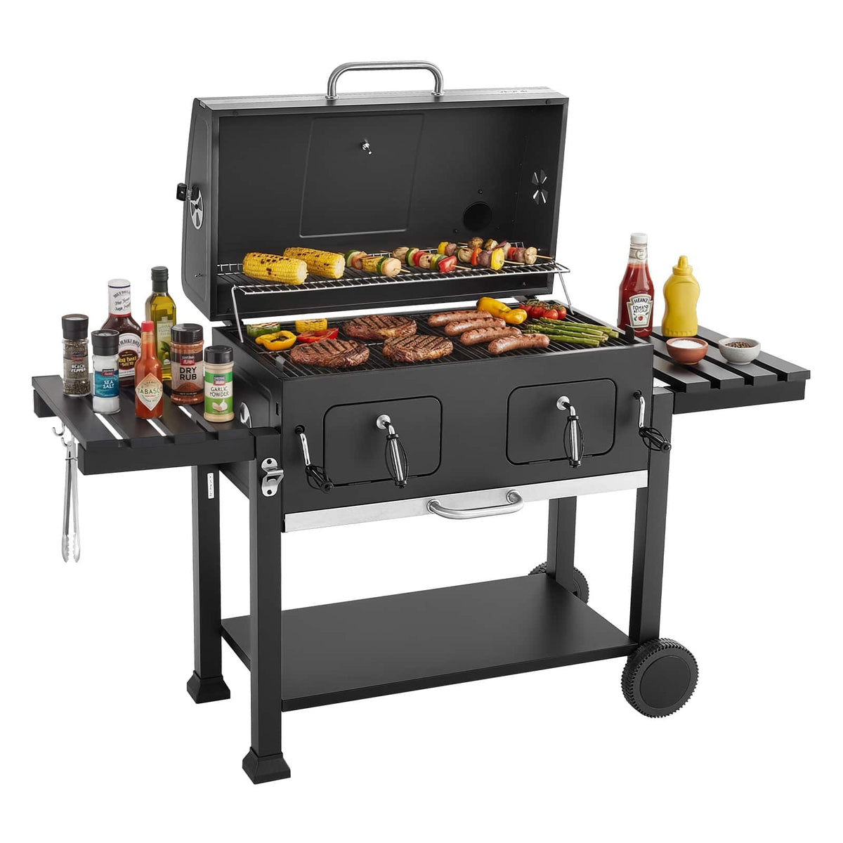 VEVOR - Charcoal Grill, 780 sq.in. Extra-Large Charcoal Barbecue Grill with 2 Liftable Charcoal Trays & Folding Side Tables - Black