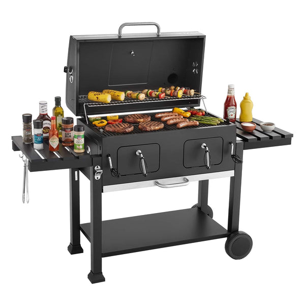 VEVOR - Charcoal Grill, 780 sq.in. Extra-Large Charcoal Barbecue Grill with 2 Liftable Charcoal Trays & Folding Side Tables - Black