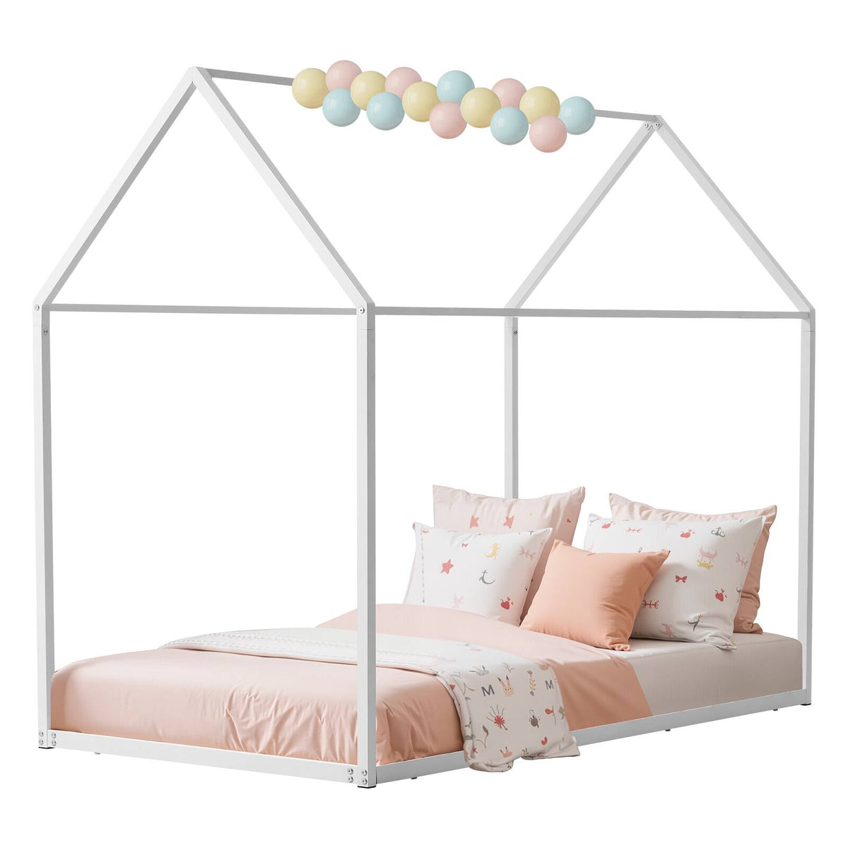 VEVOR - Twin Size House Bed Frame, Metal Kids Floor Bed Frame with Roof, Heavy Duty Steel Slats Support, House Shape Bedframe - White