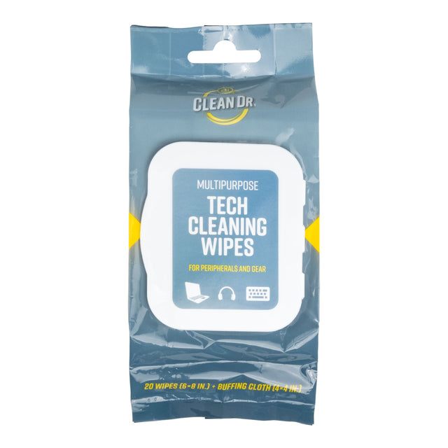 CLEAN DR.  
MULTIPURPOSE TECH CLEANING WIPES FOR PERIPHERALS AND GEAR  
20 WIPES (6-8 IN.) + BUFFING CLOTH (14 x 4 IN.)