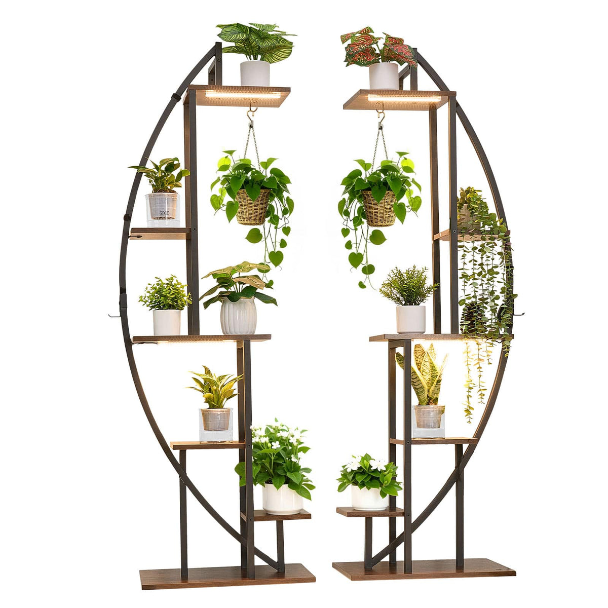 VEVOR - Plant Stand Indoor with Grow Lights, 63 in Tall 6-Tiered Lighted Plant Shelf, 2 Pack Metal Corner Plants Holder - Brown + Black