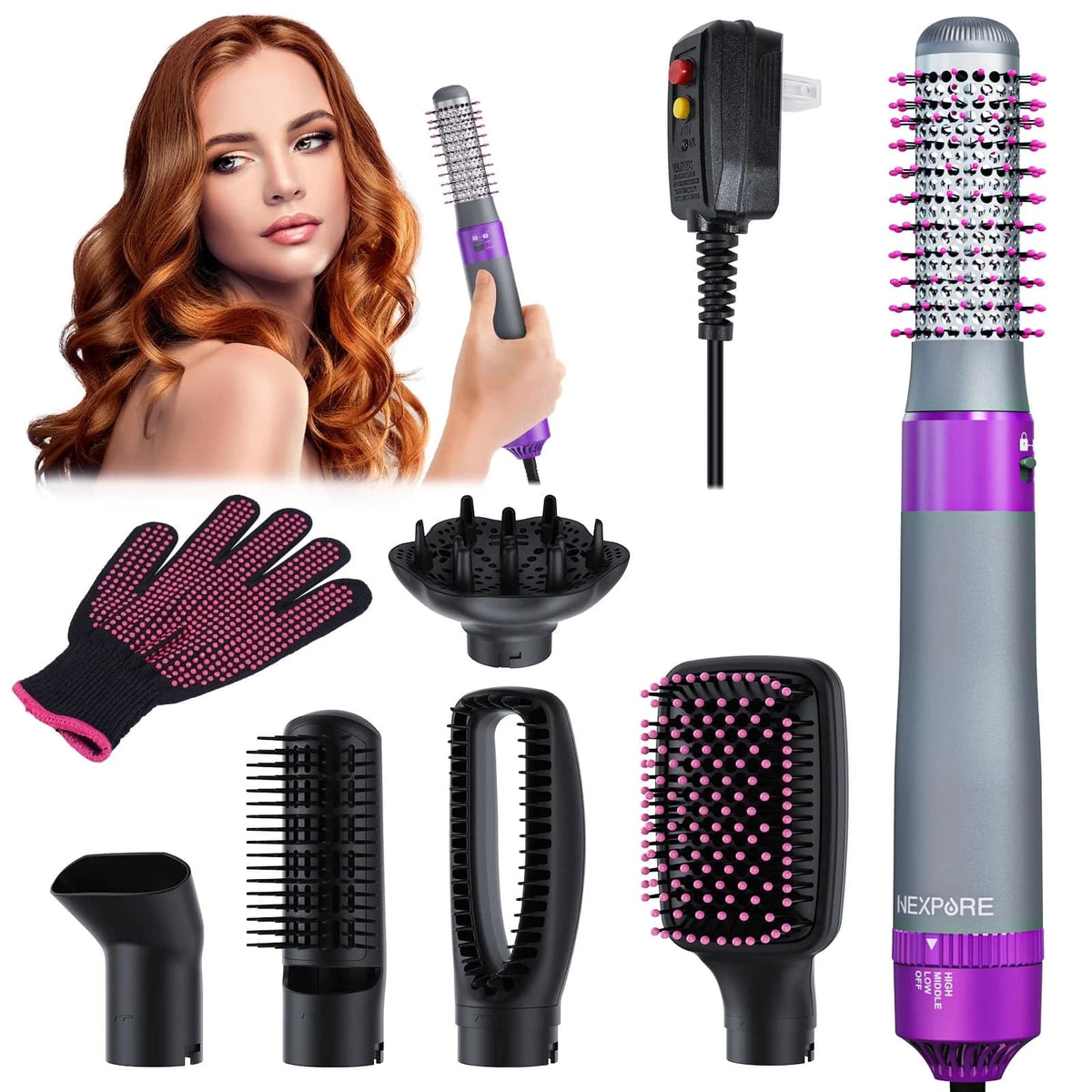 NEXPURE - 6 in 1 Hair Dryer Brush Hot Air Styler Straightener Curler Volumizer Ionic 3 Heat Settings - Purple