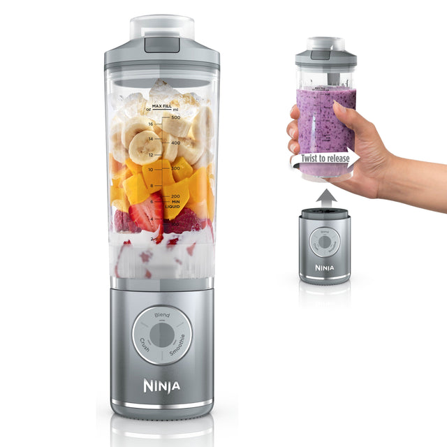 - MAX FILL
- 16 oz / 500 ml
- 12 oz / 350 ml
- 8 oz / 240 ml
- 4 oz / 120 ml
- MIN LIQUID 2 oz / 60 ml
- Twist to release
- Blend
- Crush
- Smoothie
- NINJA