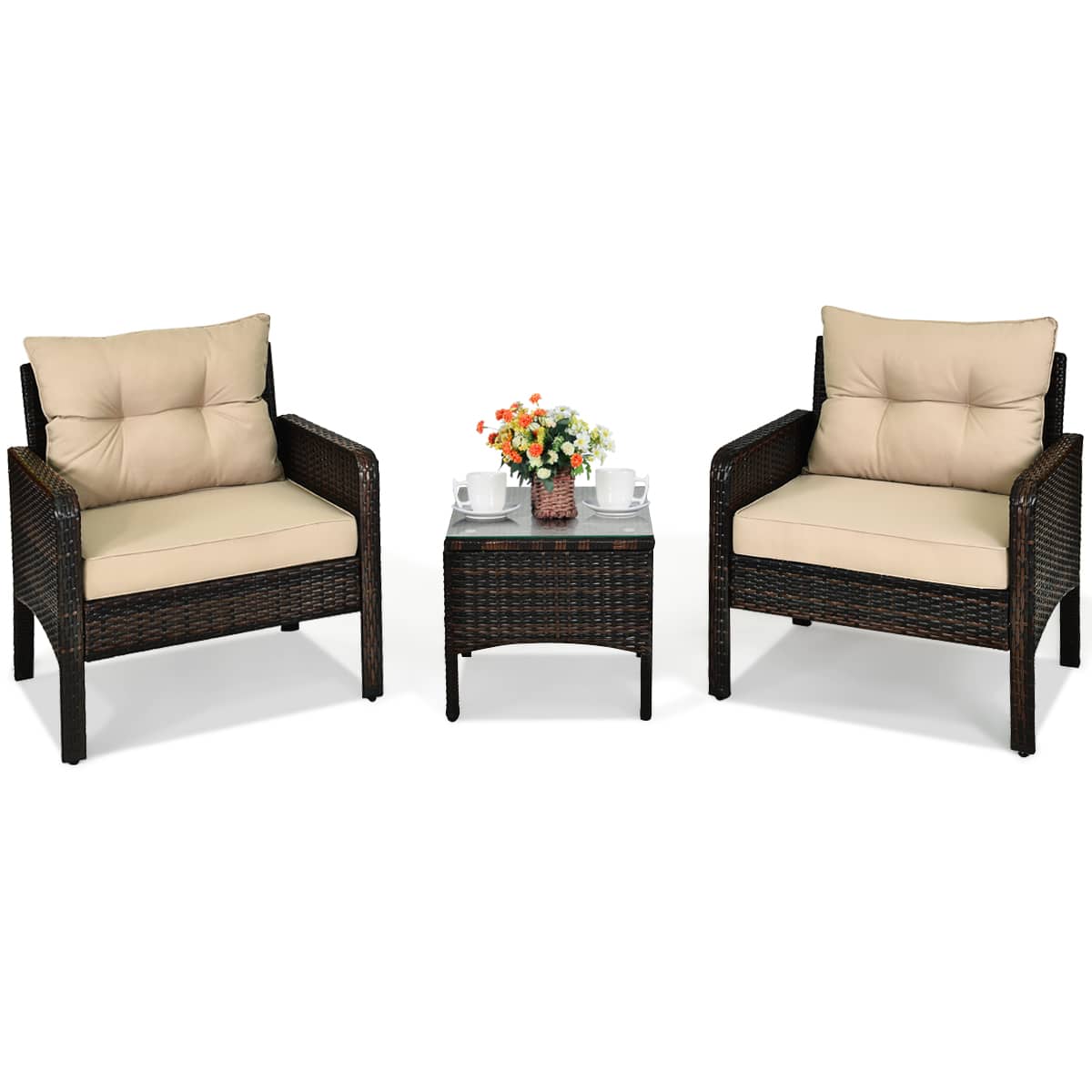 Costway - 3PCS Outdoor Rattan Conversation Set Patio Garden Furniture Cushioned Sofa Chair - Beige