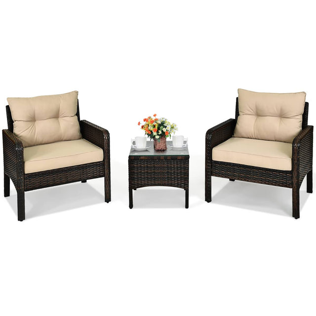 Front. Costway - 3PCS Outdoor Rattan Conversation Set Patio Garden Furniture Cushioned Sofa Chair - Beige.