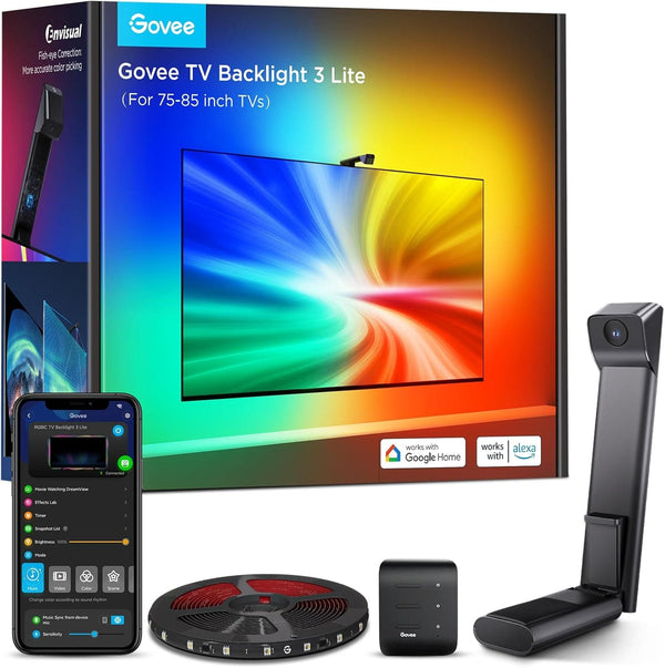 Govee - TV Backlight 3 Lite with Fish-Eye Correction Function Sync to 75-85 Inch TVs, Voice and APP Control, Adapter - Black