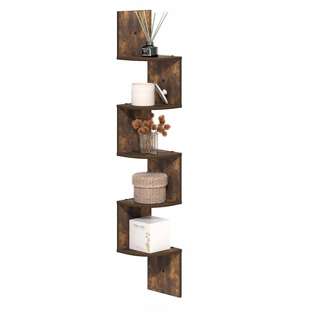 Front. Furinno - ROSSI Floating Book Shelves for Wall, 5-Tier Zigzag Corner Shelf Wall Mounted, Radial Corner Floating Shelf - Amber Pine.