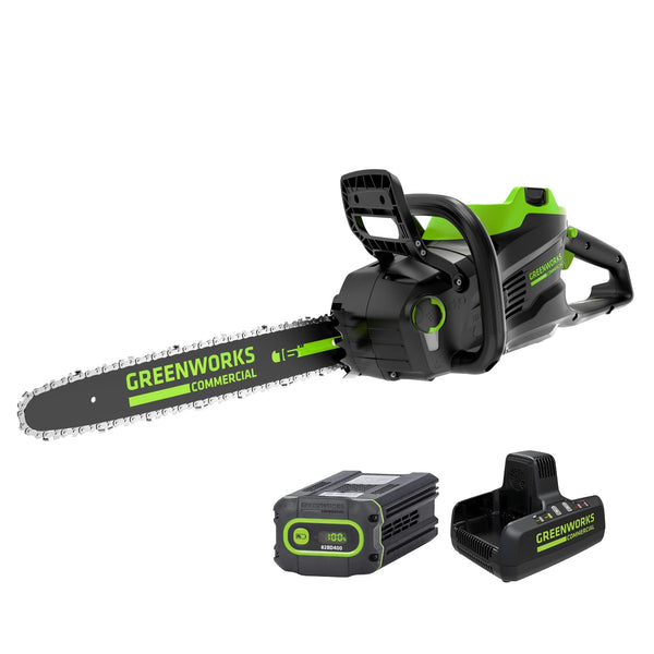 Greenworks - 82V 16" Brushless (2.4 kW) Cordless Chainsaw (225 Cuts Per Charge), 4Ah Battery and Dual Port Charger - Green