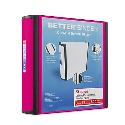 BETTER BINDER  
Our Most Durable Binder

Easy Insert Spine  
3 Rings, 1" Diameter

High-Tech Tabs  
3" x 6" Tabs

Staples  
Lasting Performance, Flexible Spine  
3" x 6" 600 Inch