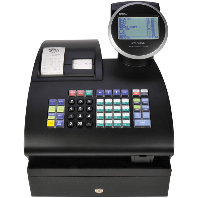 ROYAL Sandwich APPLE APPLE SODA POTATO CHIPS HOT DOG MILK BAGEL WATER SUBTOTAL $6.99 50.99 50.99 $1.00 $1.50 $2.50 $1.50 $1.25 $1.25 $19.96 alpha7000ML ap Cash Management System