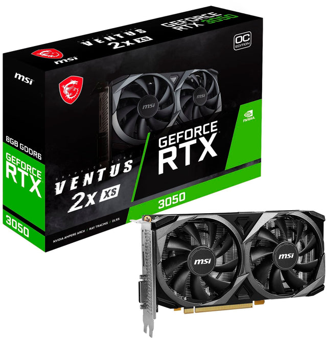 Front. MSI - NVIDIA RTX 3050 VENTUS 2X XS 8G OC - 8GB GDDR6 - PCI Express 4.0 - Graphics Card - Black.
