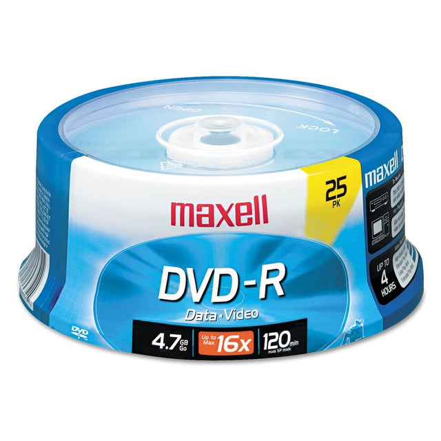 DVD-R  
Data + Video  
4.7 GB Max  
Up to 4.7 GB  
16x  
120 min  
Made in Japan  
25 PK  
UP TO 4 HOURS  
maxell