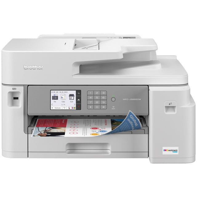 Brother MFC-J805DW printer with a paper in the tray.