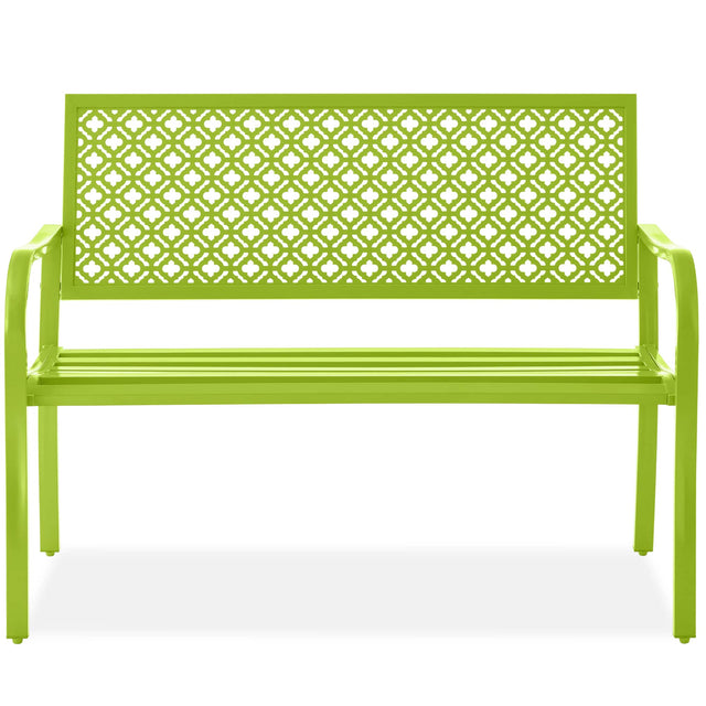 Front. Best Choice Products - Best Choice Products Indoor Outdoor Steel Garden Bench w/ Geometric Backrest, Foot Levelers - Lime Green - Lime Green.