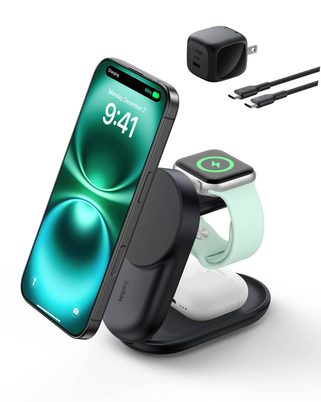 Belkin - 3-in-1 Foldable Magnetic Charging Stand, 25W Qi2, MagSafe compatible, charge iPhone, compact travel-friendly design - Black
