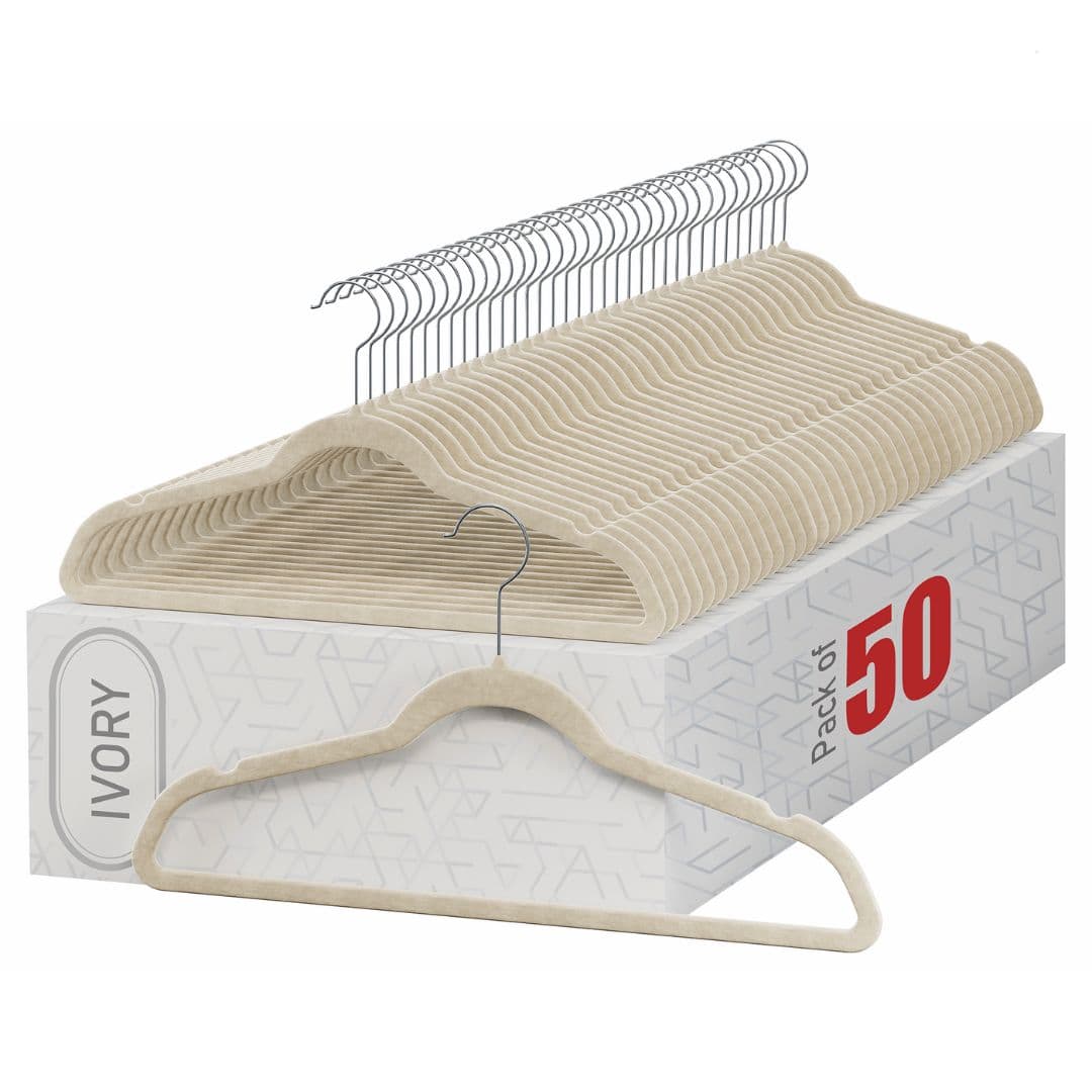 Home It - Premium Velvet Hangers 50 Pac Non-Slip Suit Hangers, Heavy Duty Ultra-Thin Clothes Hangers with 360° Swivel Hook - Ivory