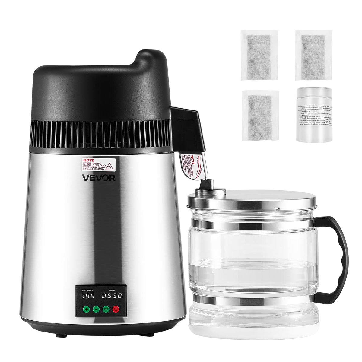 VEVOR - Water Distiller,6L 1.6 Gallon Larger Pure Water Purifier Filter For Home Table Countertop,900W Glass Pot Distilled Maker - Silver