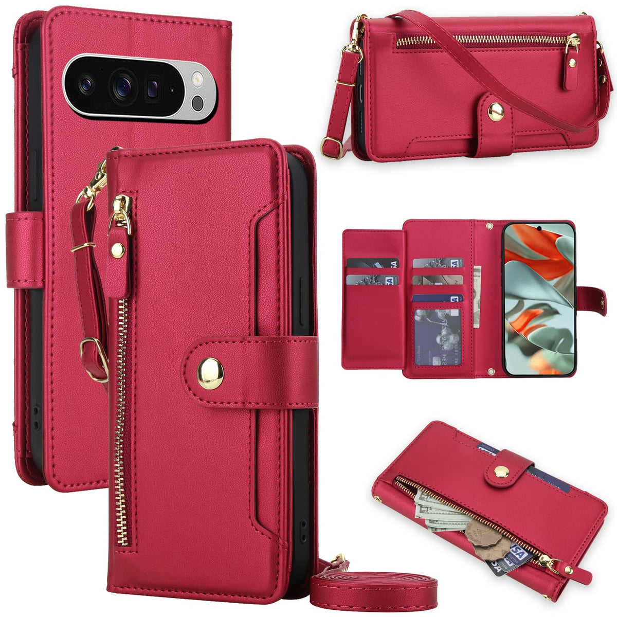Dteck - Zipper Wallet Case for Google Pixel 10 Pro XL,Detachable Crossbody Flip Faux Leather Card Slots Kickstand Cover+Lanyard - Red
