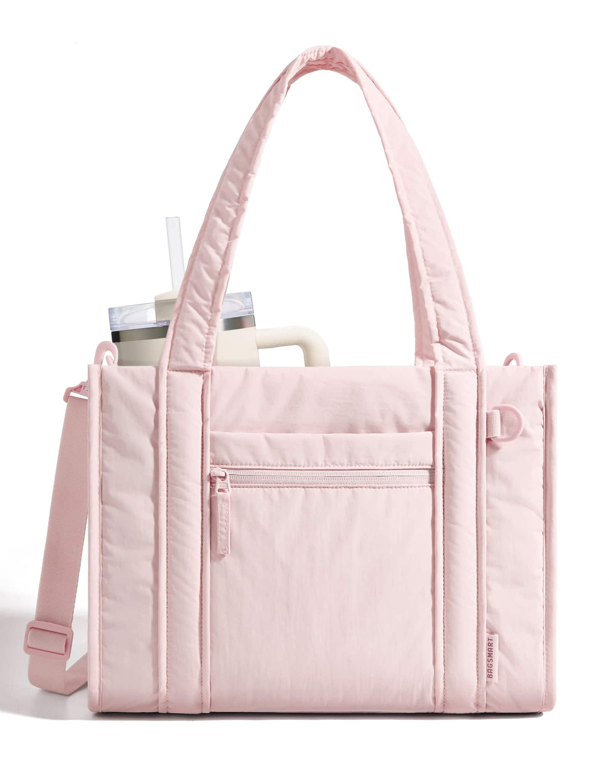 Bagsmart - Boxy Tote Bag for Women, Crossbody Work Bag with Inner Tumbler Pocket, Crush Bow Shoulder Bag for Travel College - Pink